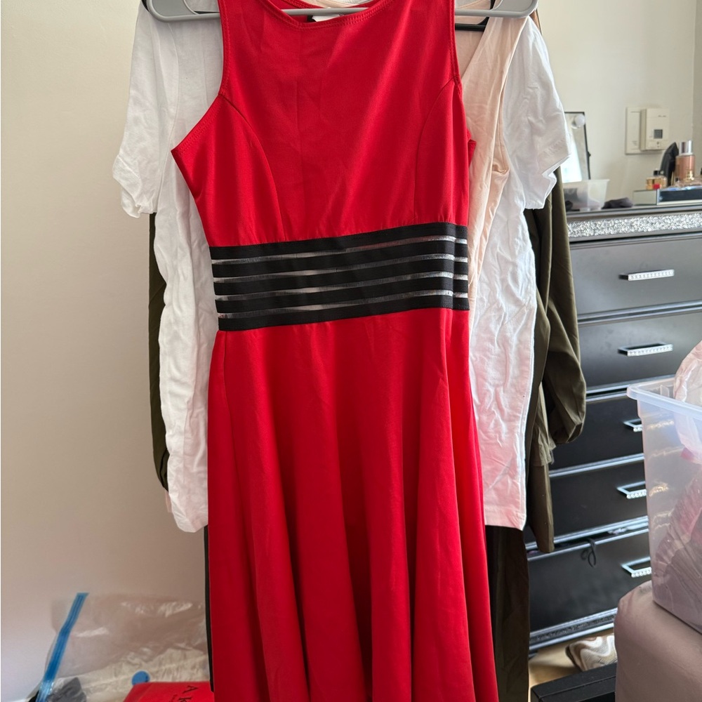 Elegant Red Sleeveless Dress with Black Accents